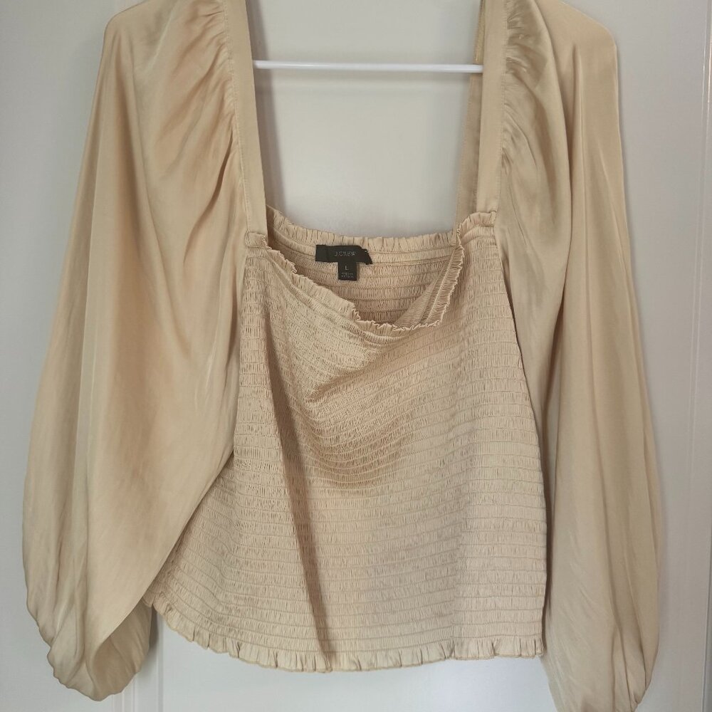 J. Crew Squareneck smocked featherweight satin cropped top. Size L. Like New
